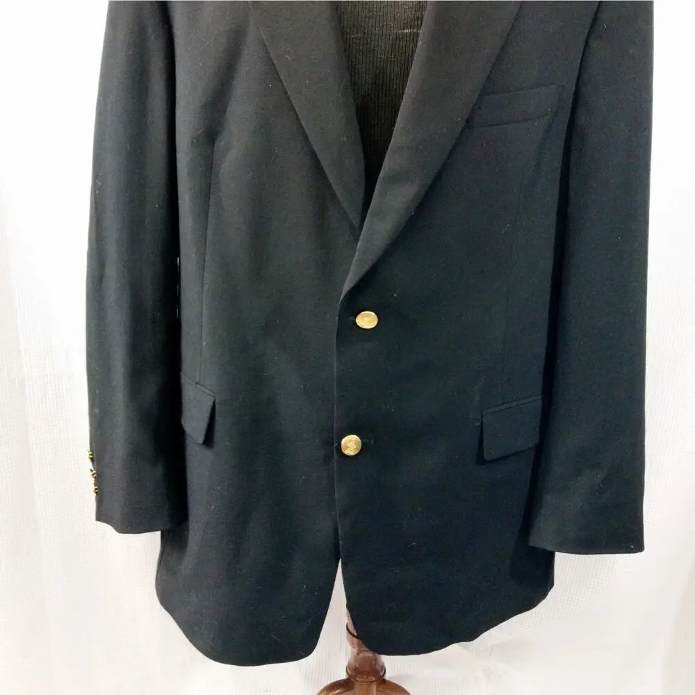 AUSTIN REED! STUNNING BLACK FINE WOOL, GOLD BUTTON CLUB BLAZER, JACKET! SZ 46R